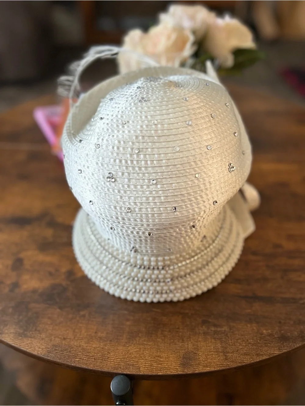 Ivory Embellished Straw Cloche Hat with Feathers